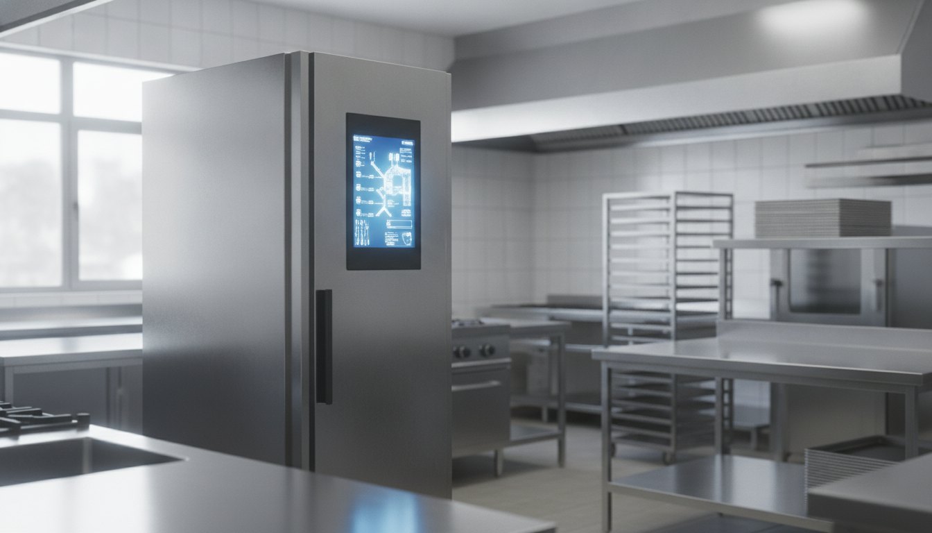 Cozinha industrial com foco no painel digital iluminado de uma geladeira comercial em pleno funcionamento.