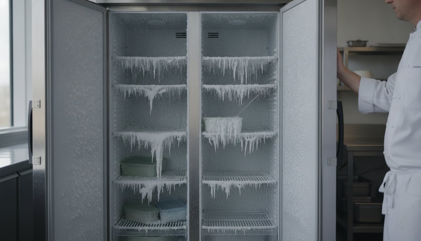 Cozinheiro profissional inspecionando o interior de uma geladeira comercial com acúmulo de gelo nas prateleiras.