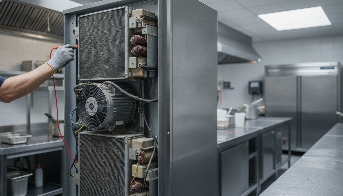 Técnico inspeciona o motor de uma geladeira comercial em uma cozinha industrial.