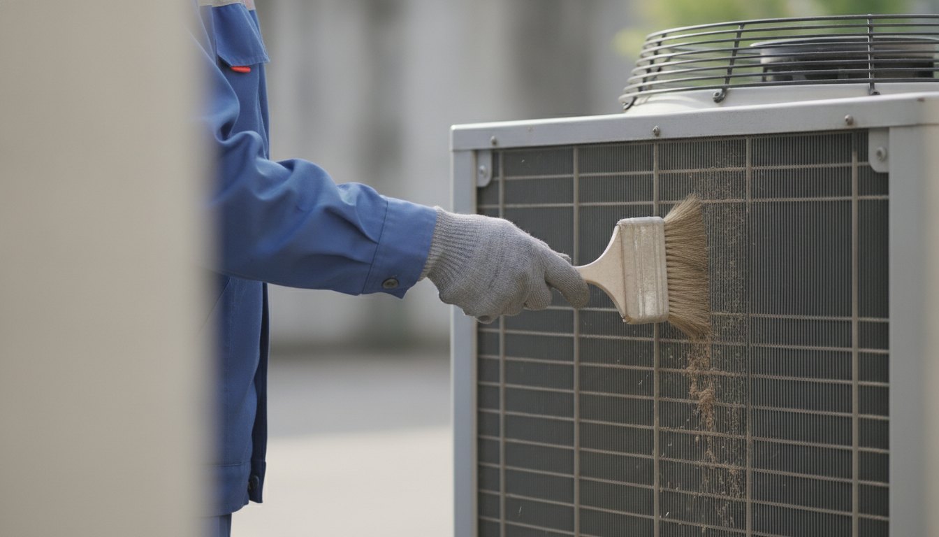 Técnico de uniforme e luvas limpando as aletas de alumínio de um equipamento de refrigeração comercial.
