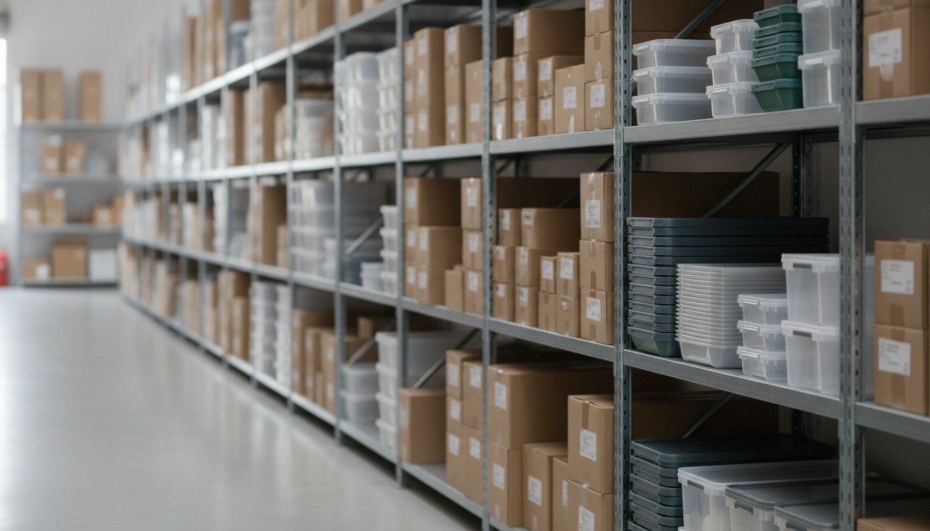 Estantes metálicas repletas de caixas de papelão dobradas e potes plásticos organizados em um depósito limpo.