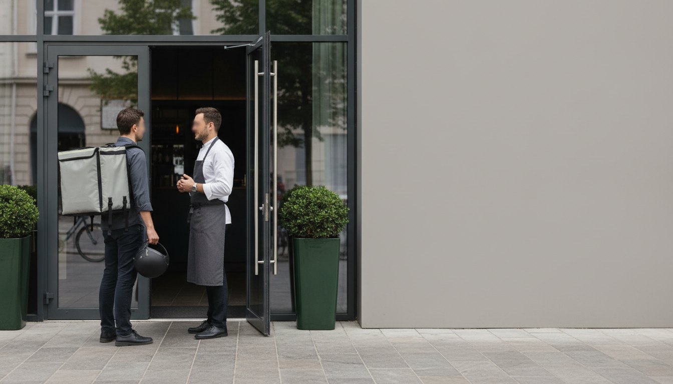 Entregador de aplicativo conversando com o gerente na porta de um restaurante