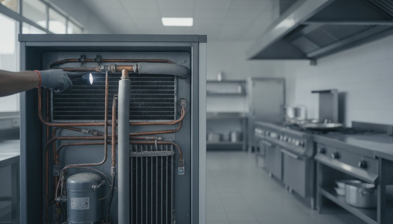 Técnico inspecionando a tubulação traseira de uma geladeira comercial em uma cozinha industrial.